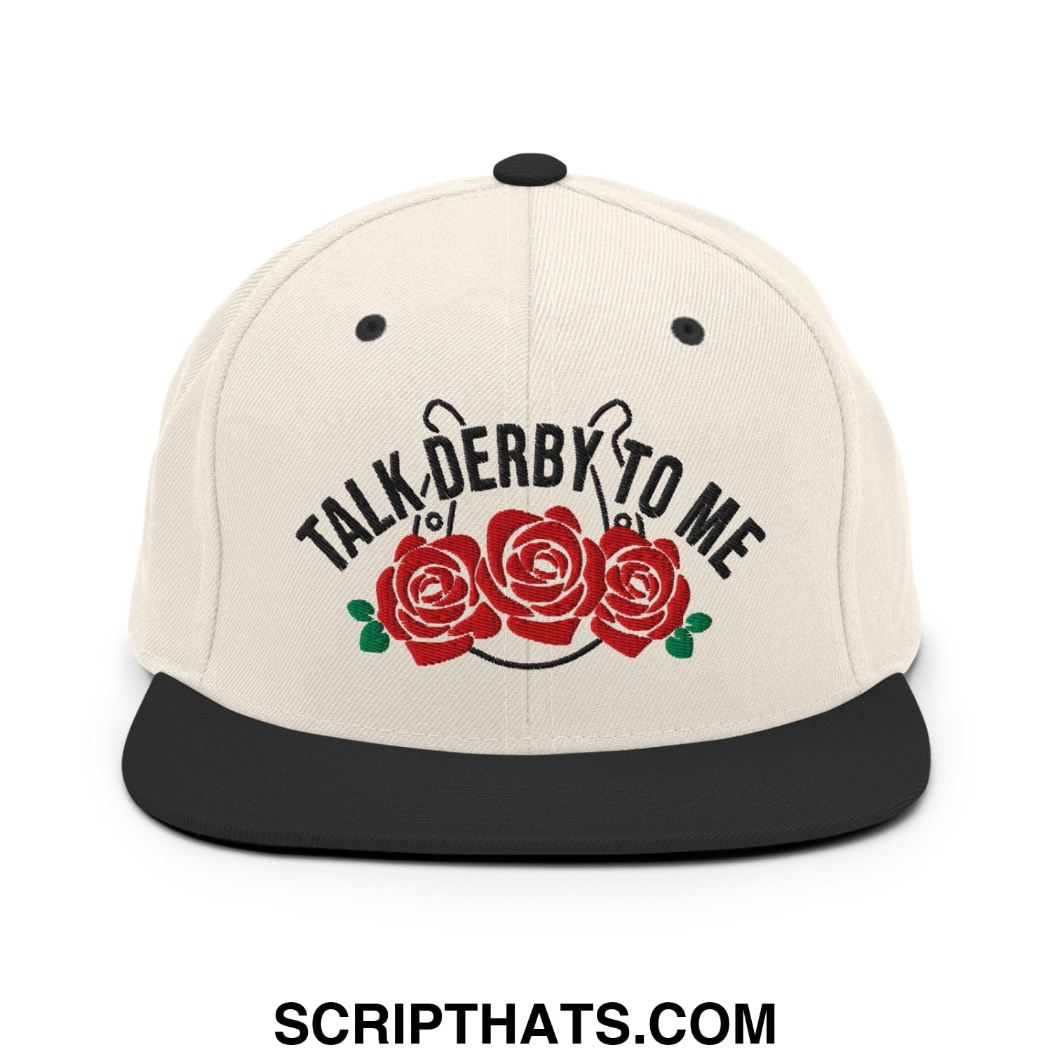 Talk Derby to Me Embroidered Flat Bill Brim Snapback Hat Natural Black