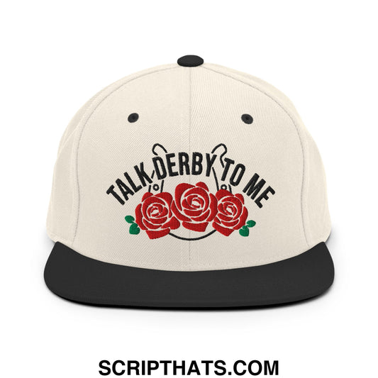 Talk Derby to Me Embroidered Flat Bill Brim Snapback Hat Natural Black