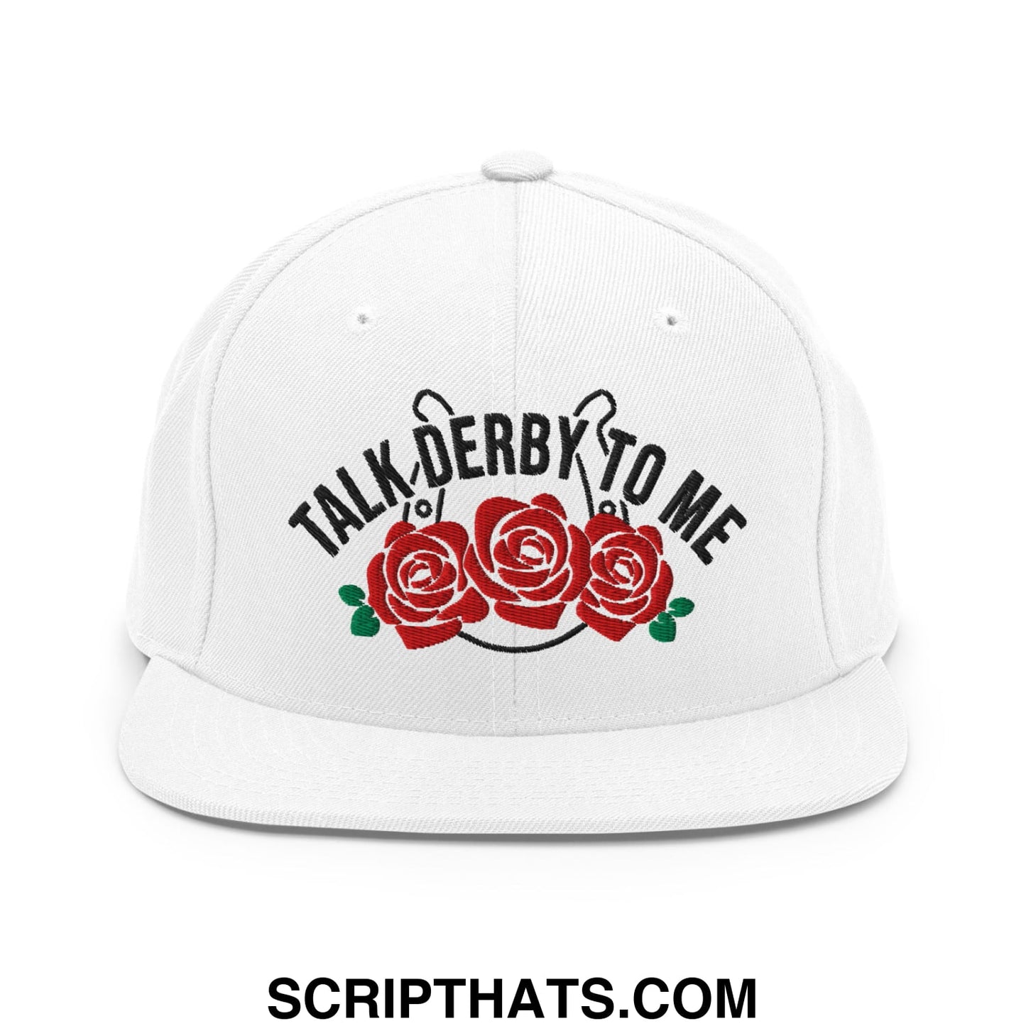 Talk Derby to Me Embroidered Flat Bill Brim Snapback Hat White
