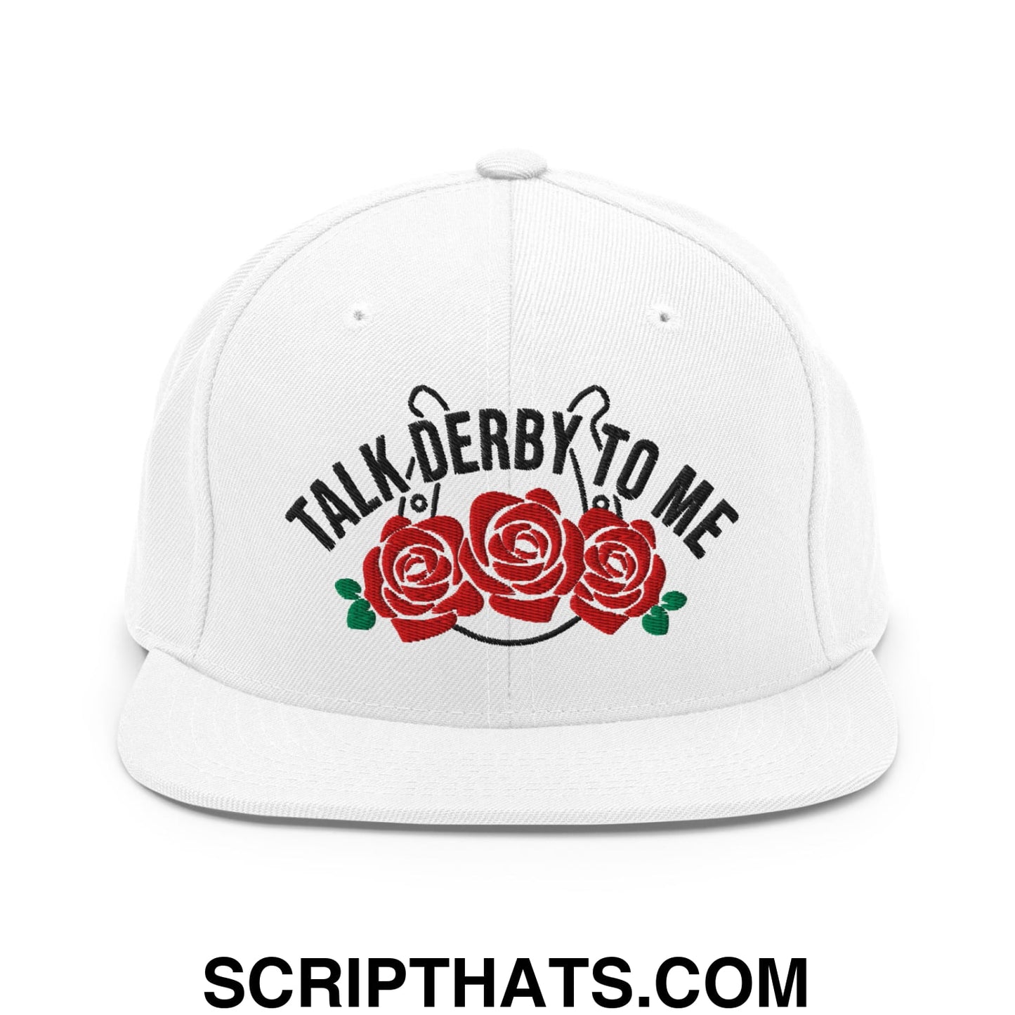 Talk Derby to Me Embroidered Flat Bill Brim Snapback Hat White