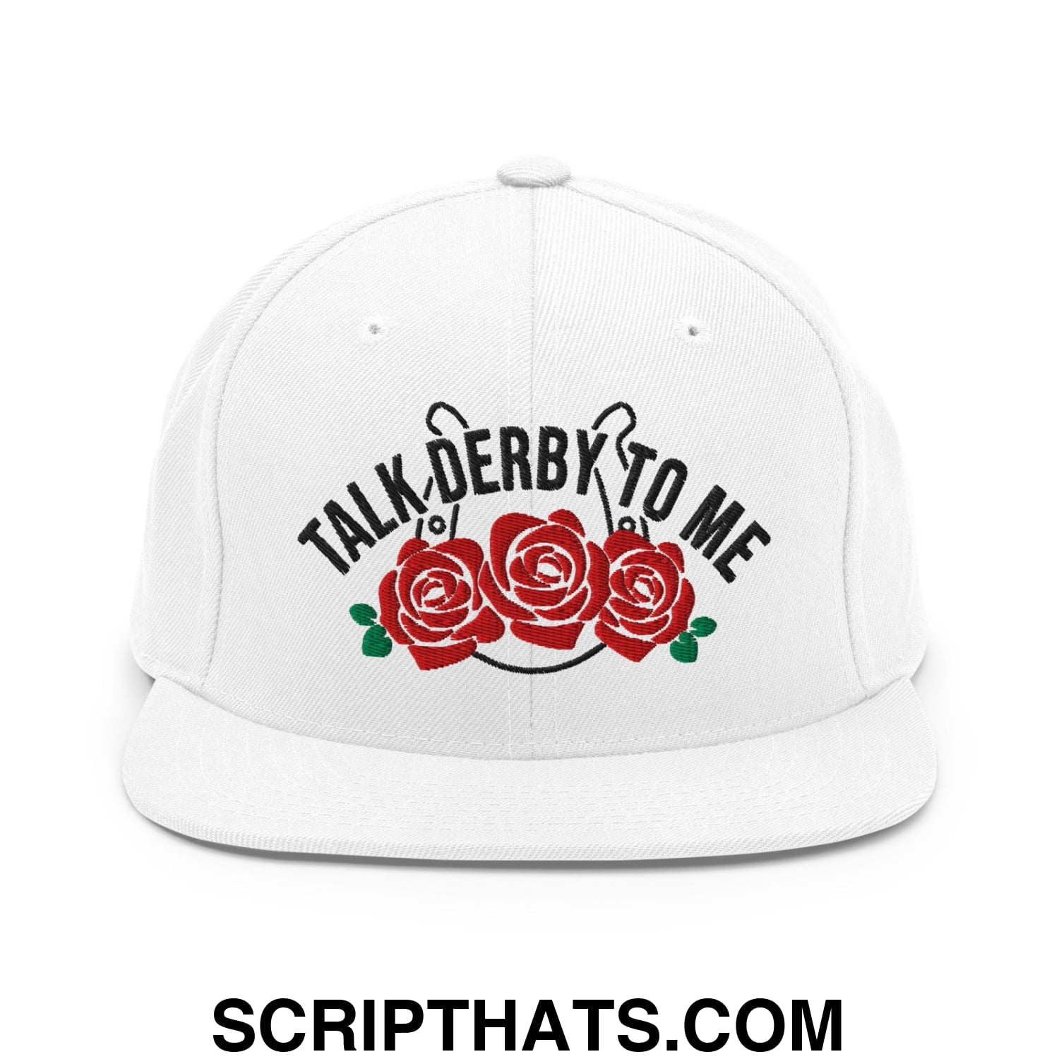 Talk Derby to Me Embroidered Flat Bill Brim Snapback Hat White