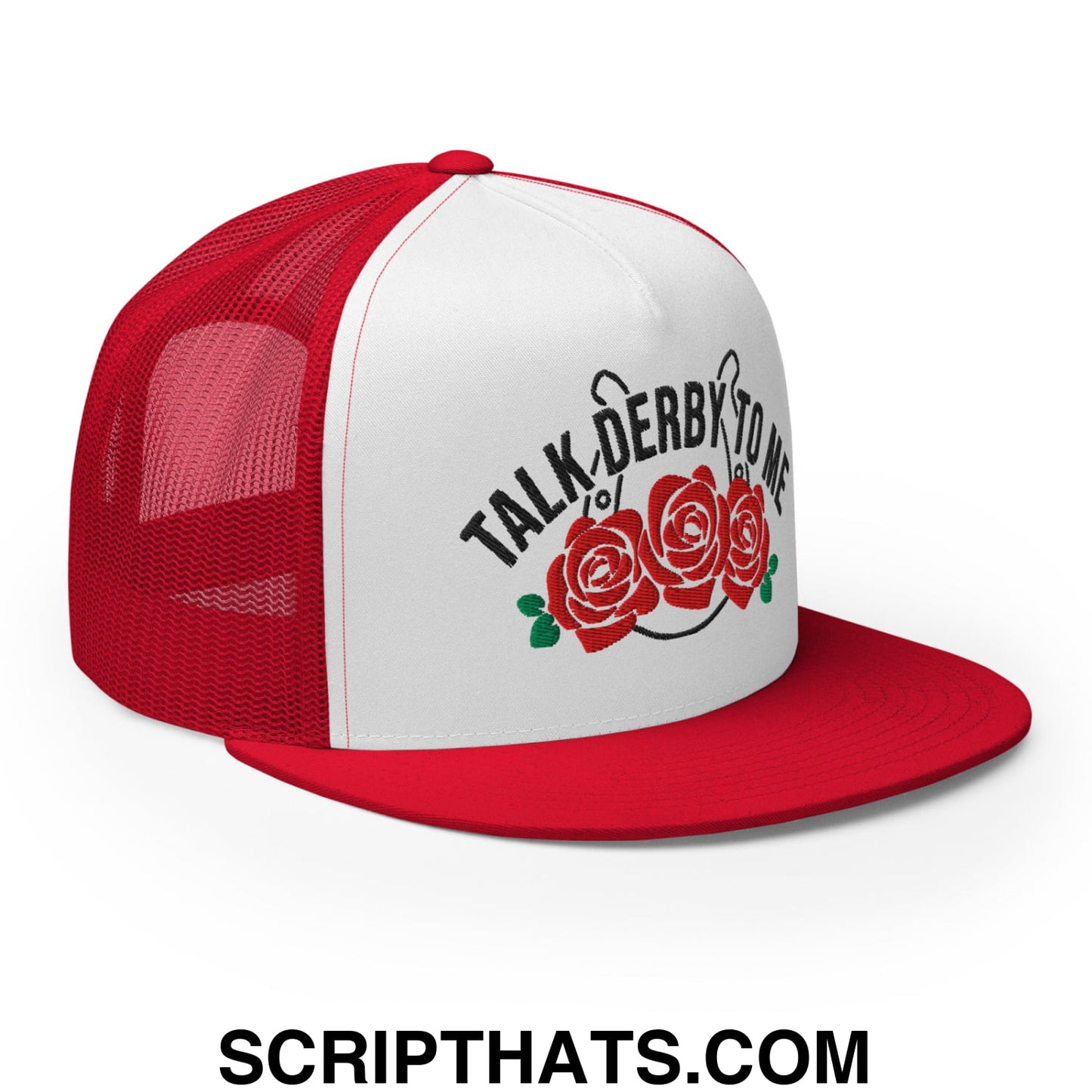 Talk Derby to Me Embroidered Flat Brim Bill Mesh Trucker Hat Red White Red