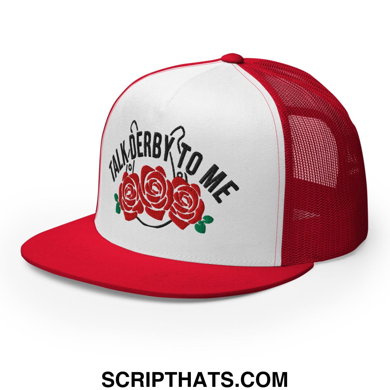 Talk Derby to Me Embroidered Flat Brim Bill Mesh Trucker Hat Red White Red