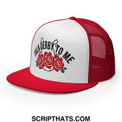 Talk Derby to Me Embroidered Flat Brim Bill Mesh Trucker Hat Red White Red