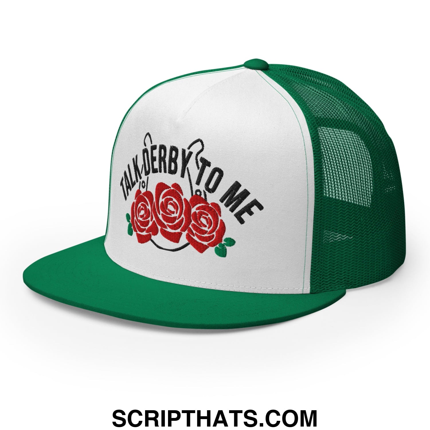 Talk Derby to Me Embroidered Flat Brim Bill Mesh Trucker Hat Kelly White Kelly