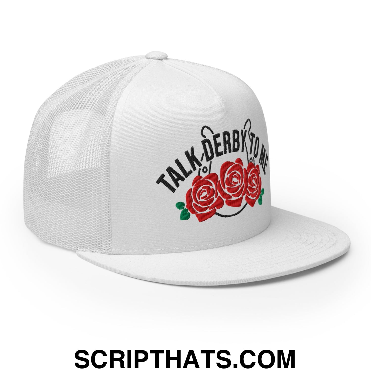 Talk Derby to Me Embroidered Flat Brim Bill Mesh Trucker Hat White