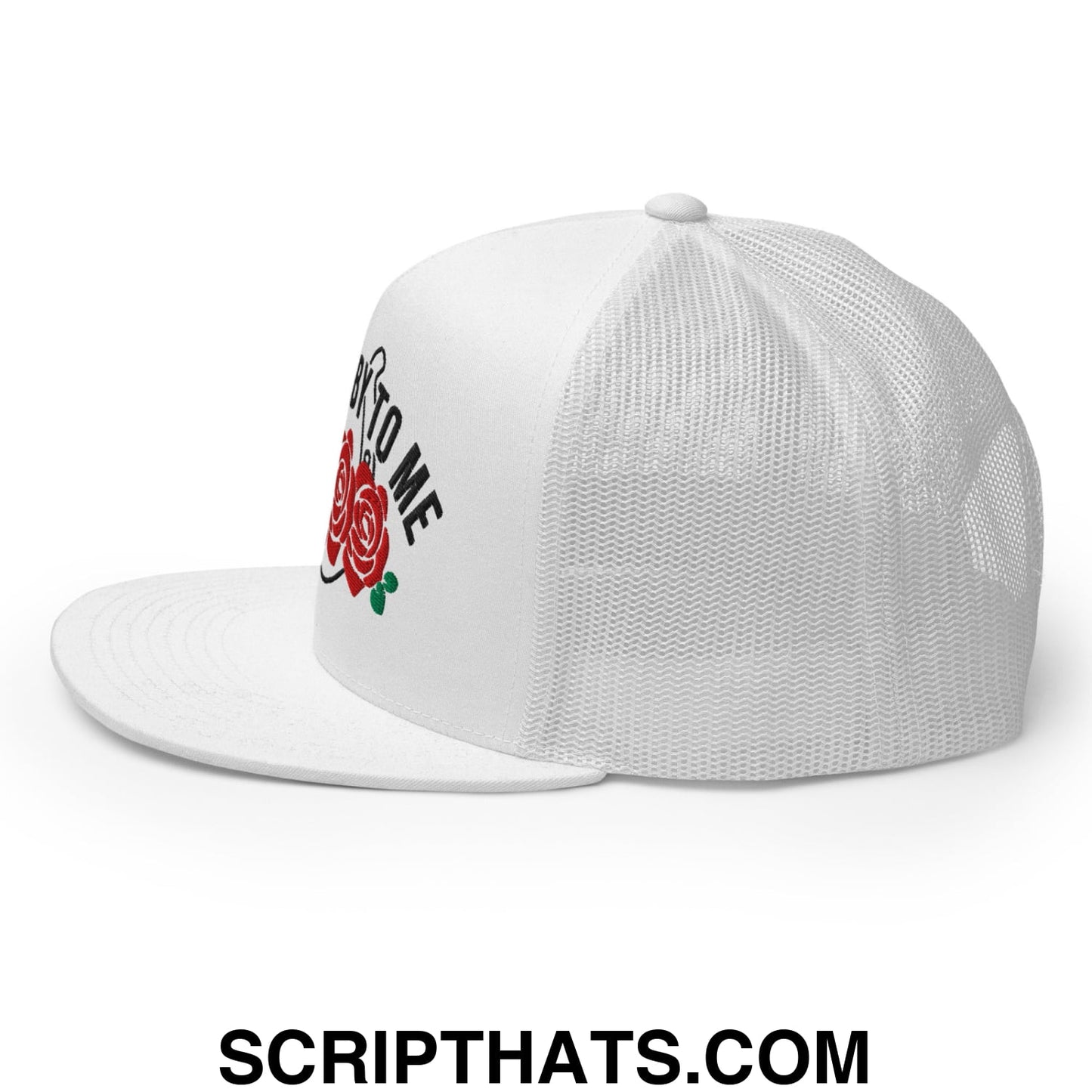 Talk Derby to Me Embroidered Flat Brim Bill Mesh Trucker Hat White