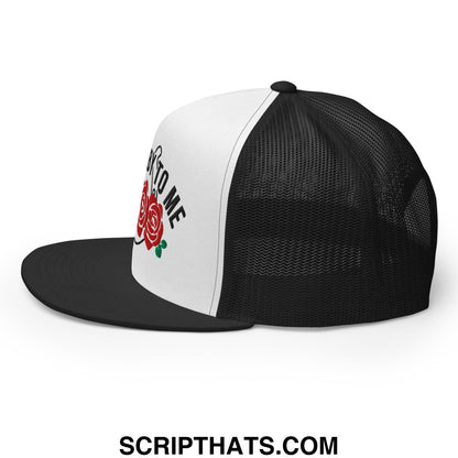 Talk Derby to Me Embroidered Flat Brim Bill Mesh Trucker Hat Black White Black