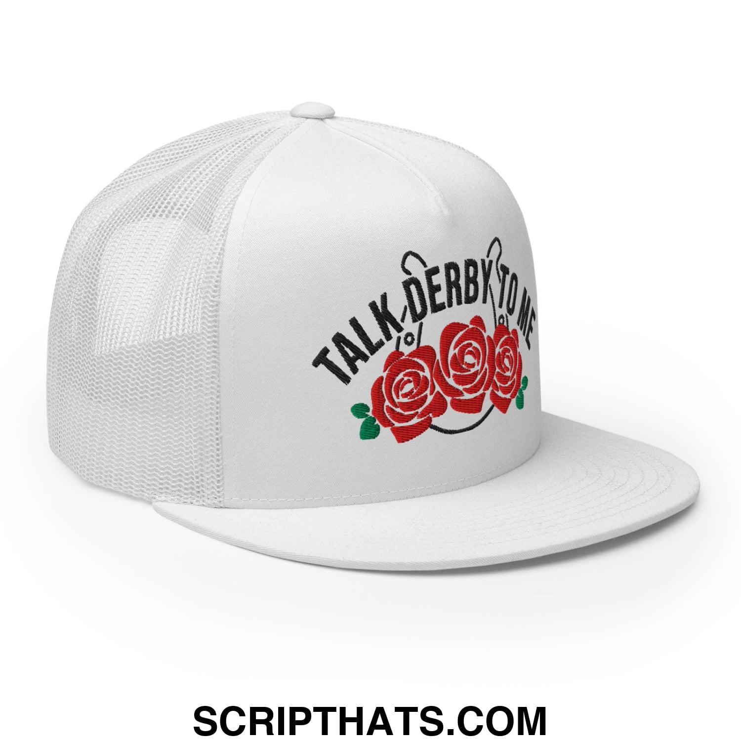 Talk Derby to Me Embroidered Flat Brim Bill Mesh Trucker Hat White