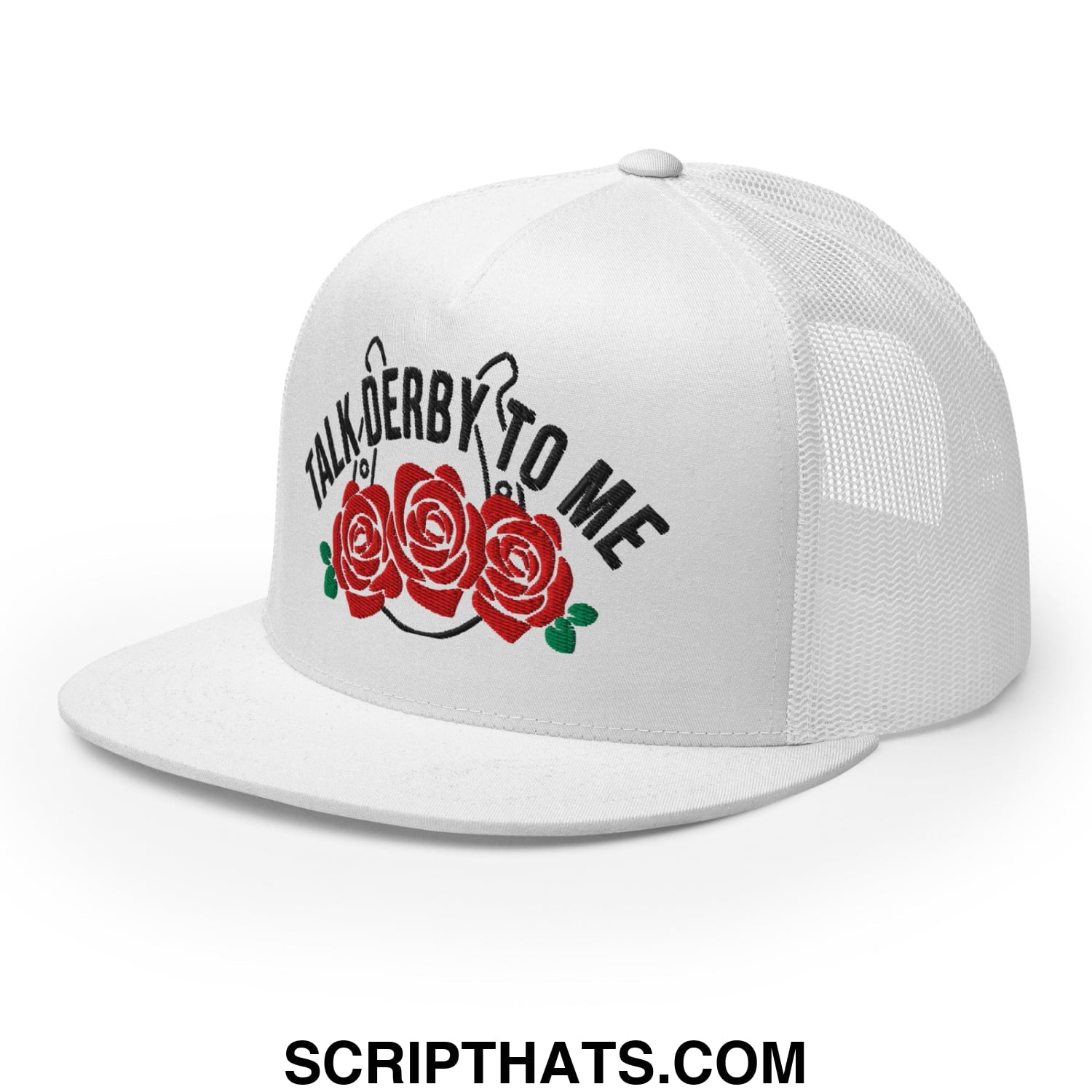 Talk Derby to Me Embroidered Flat Brim Bill Mesh Trucker Hat White