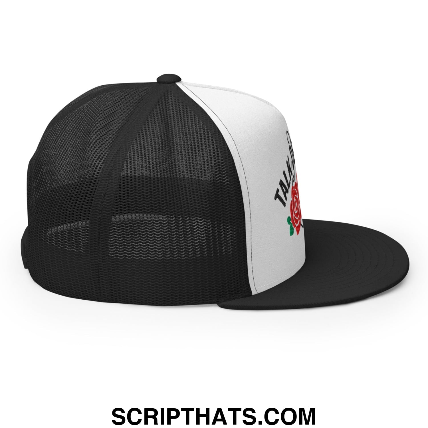 Talk Derby to Me Embroidered Flat Brim Bill Mesh Trucker Hat Black White Black