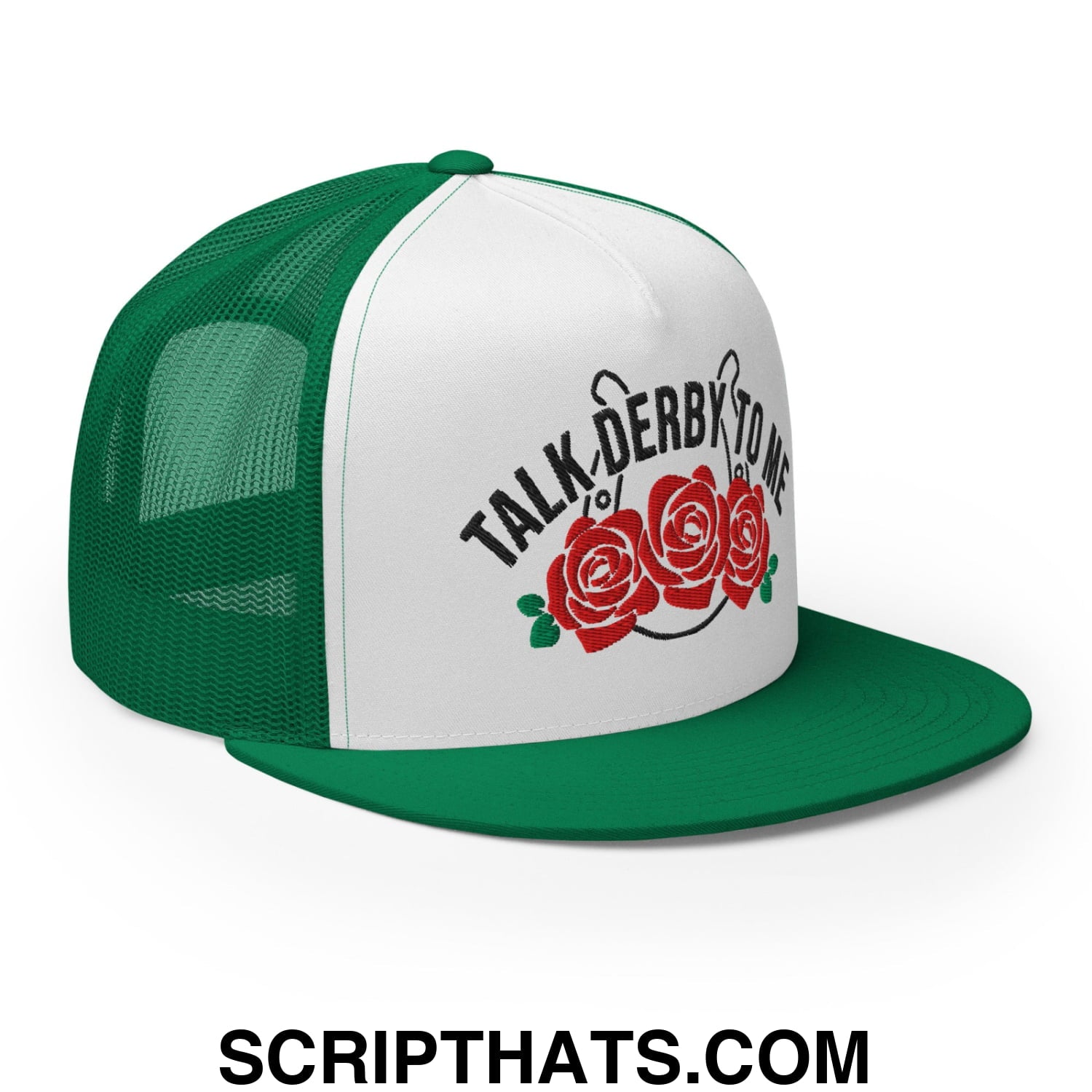 Talk Derby to Me Embroidered Flat Brim Bill Mesh Trucker Hat Kelly White Kelly