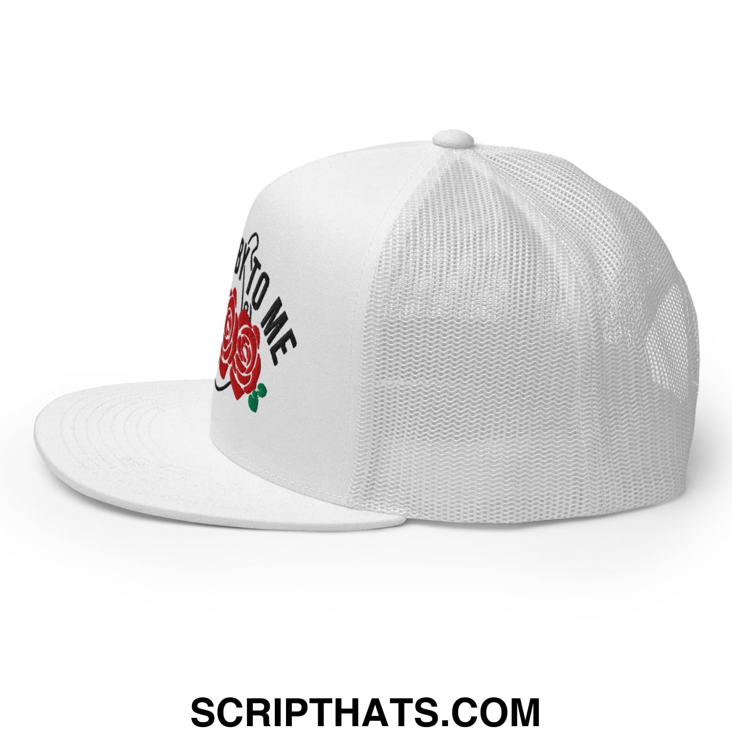 Talk Derby to Me Embroidered Flat Brim Bill Mesh Trucker Hat White