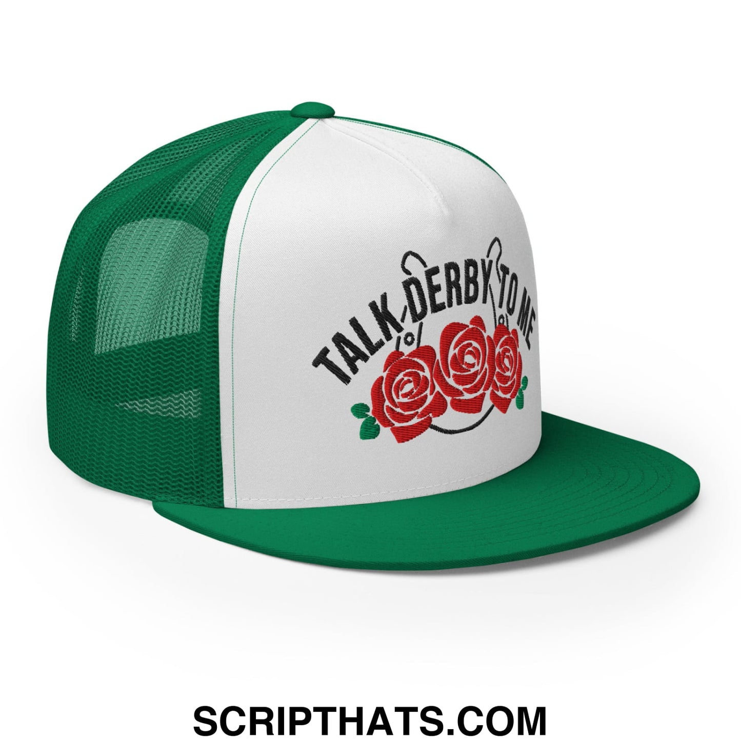 Talk Derby to Me Embroidered Flat Brim Bill Mesh Trucker Hat Kelly White Kelly