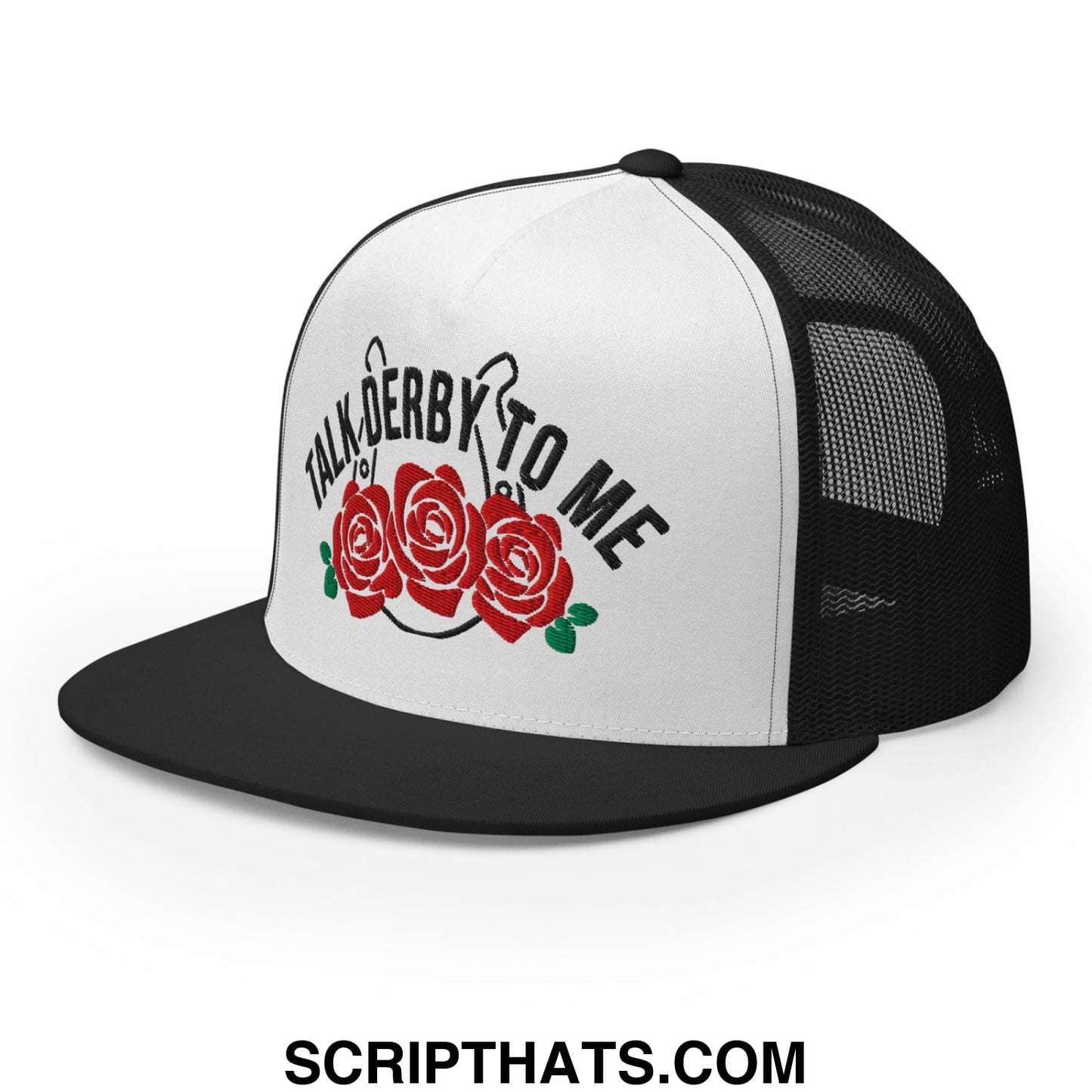 Talk Derby to Me Embroidered Flat Brim Bill Mesh Trucker Hat Black White Black