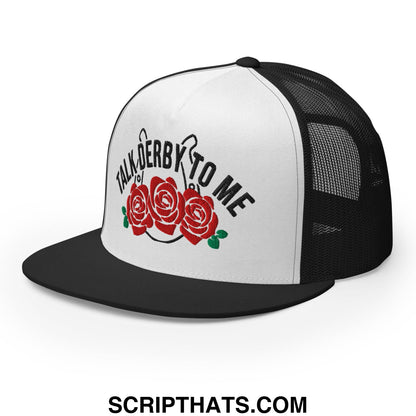 Talk Derby to Me Embroidered Flat Brim Bill Mesh Trucker Hat Black White Black