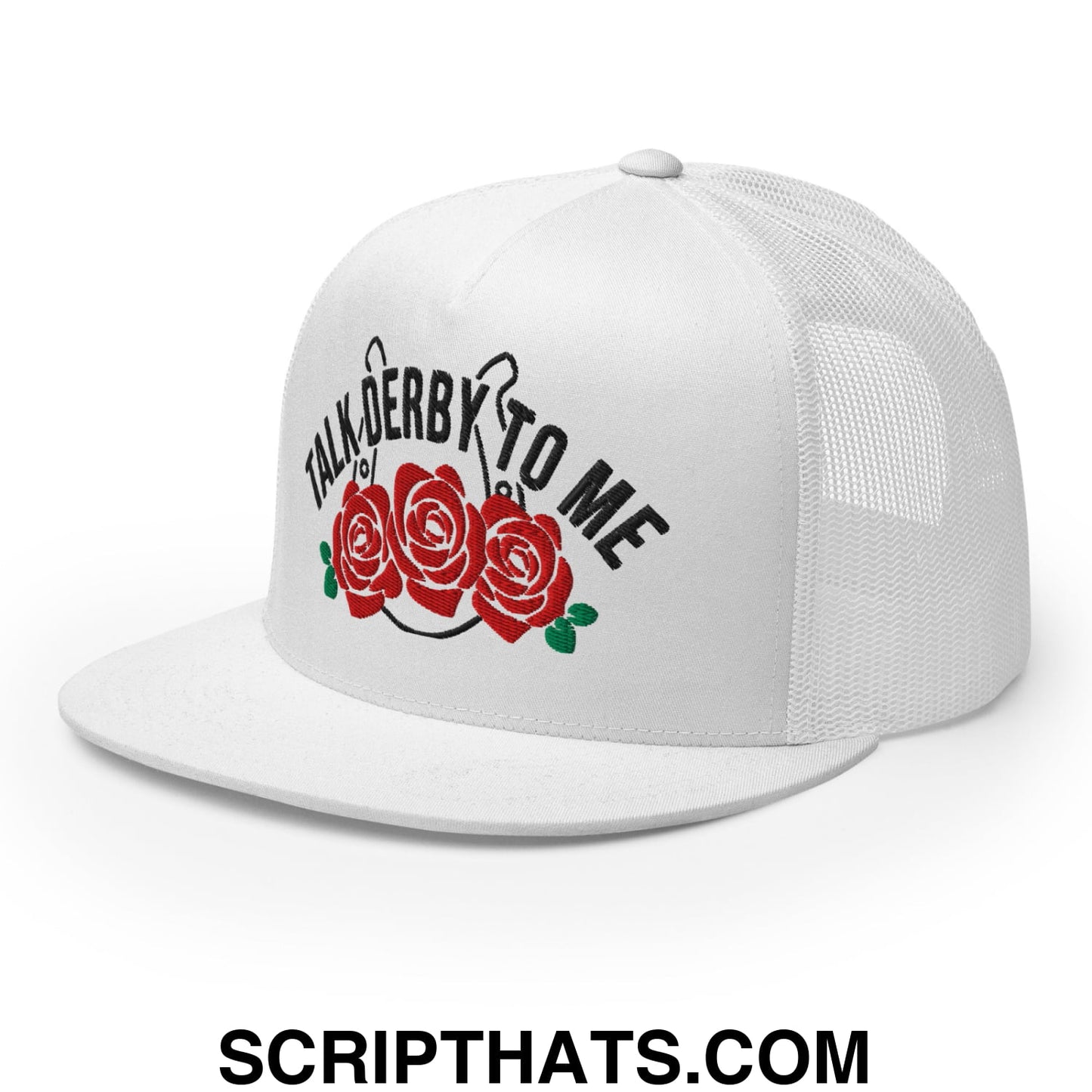 Talk Derby to Me Embroidered Flat Brim Bill Mesh Trucker Hat White