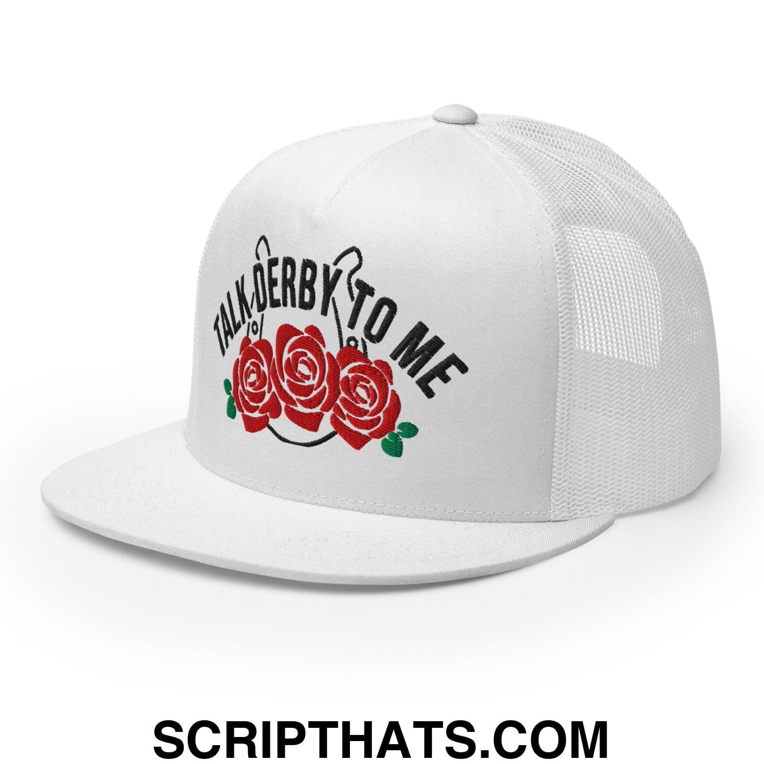 Talk Derby to Me Embroidered Flat Brim Bill Mesh Trucker Hat White