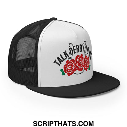 Talk Derby to Me Embroidered Flat Brim Bill Mesh Trucker Hat Black White Black