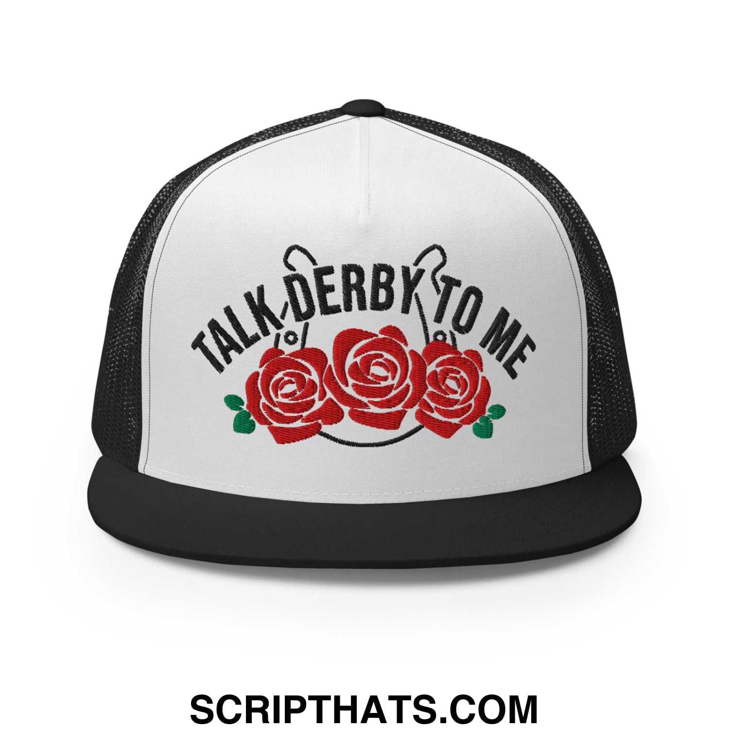 Talk Derby to Me Embroidered Flat Brim Bill Mesh Trucker Hat Black White Black
