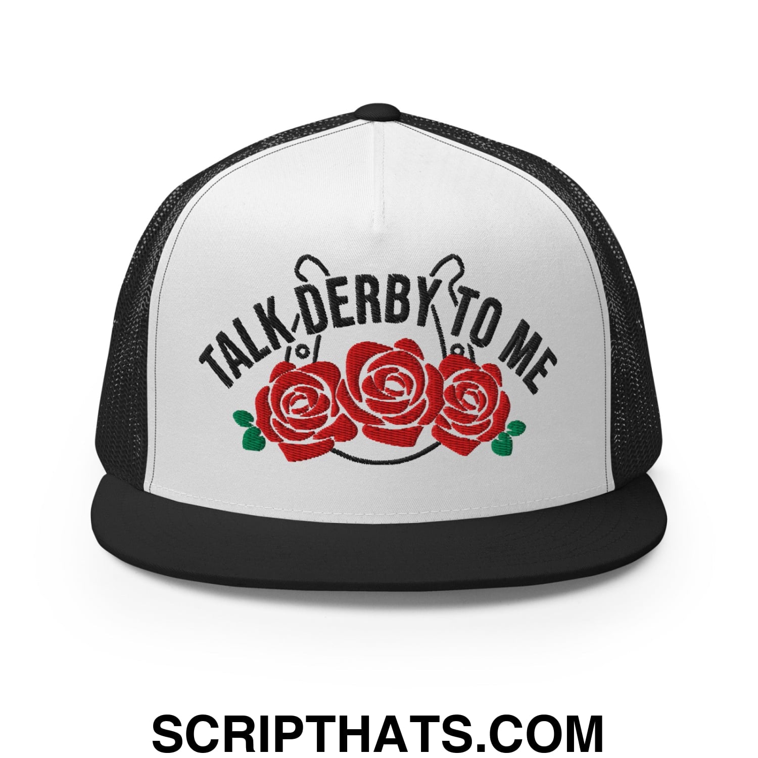 Talk Derby to Me Embroidered Flat Brim Bill Mesh Trucker Hat Black White Black