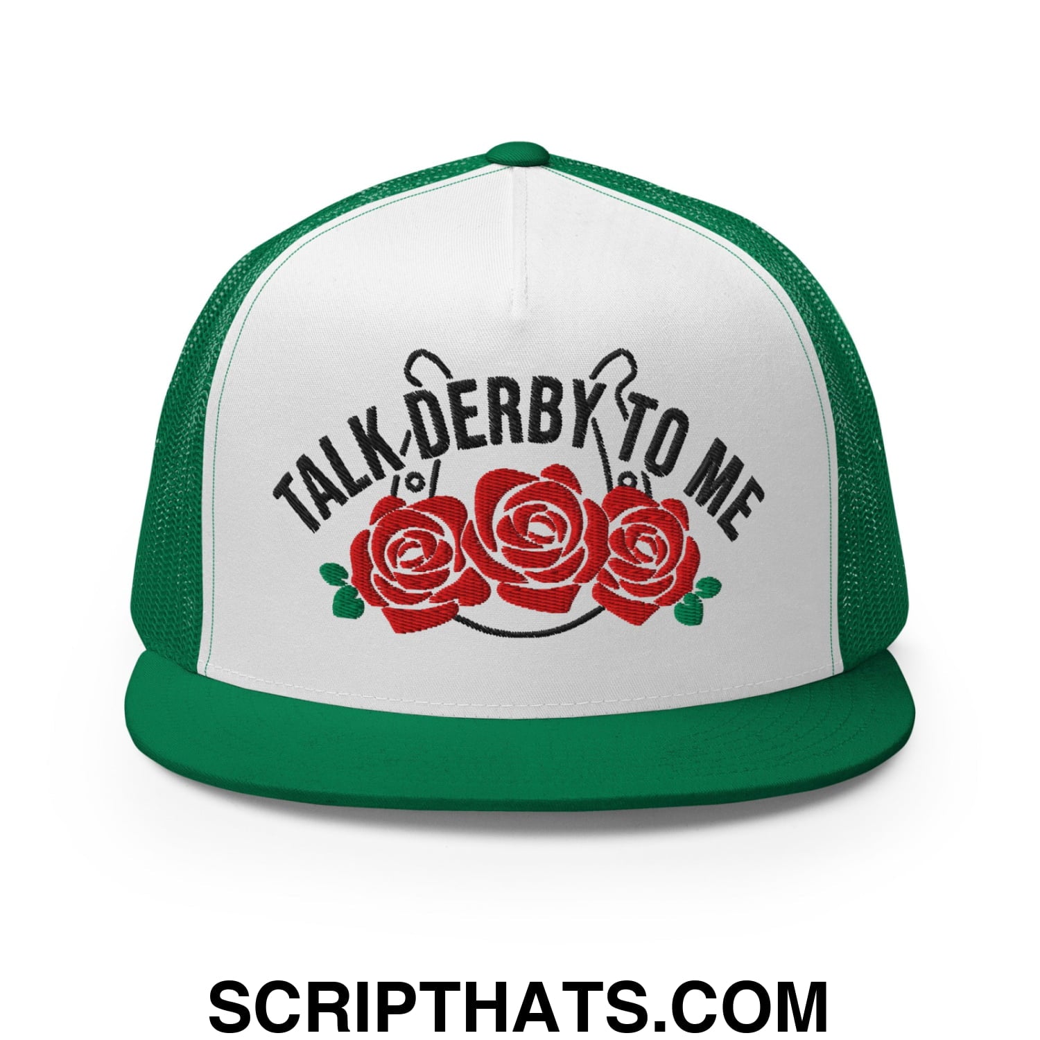 Talk Derby to Me Embroidered Flat Brim Bill Mesh Trucker Hat Kelly White Kelly