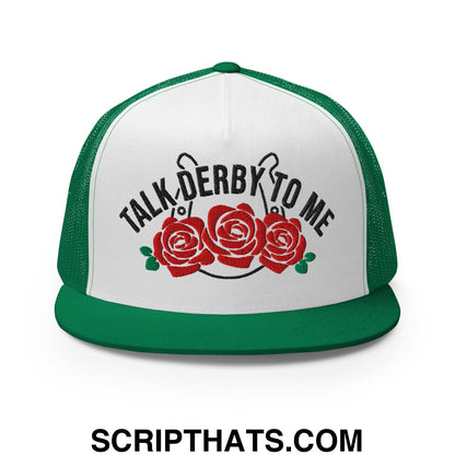 Talk Derby to Me Embroidered Flat Brim Bill Mesh Trucker Hat Kelly White Kelly