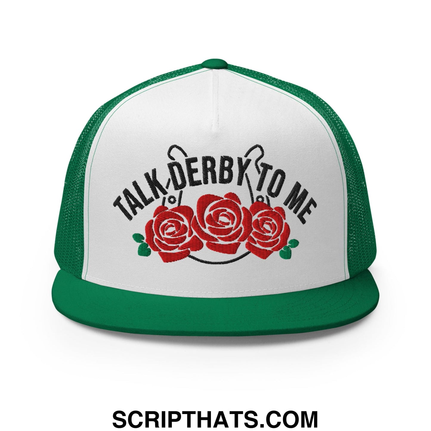 Talk Derby to Me Embroidered Flat Brim Bill Mesh Trucker Hat Kelly White Kelly