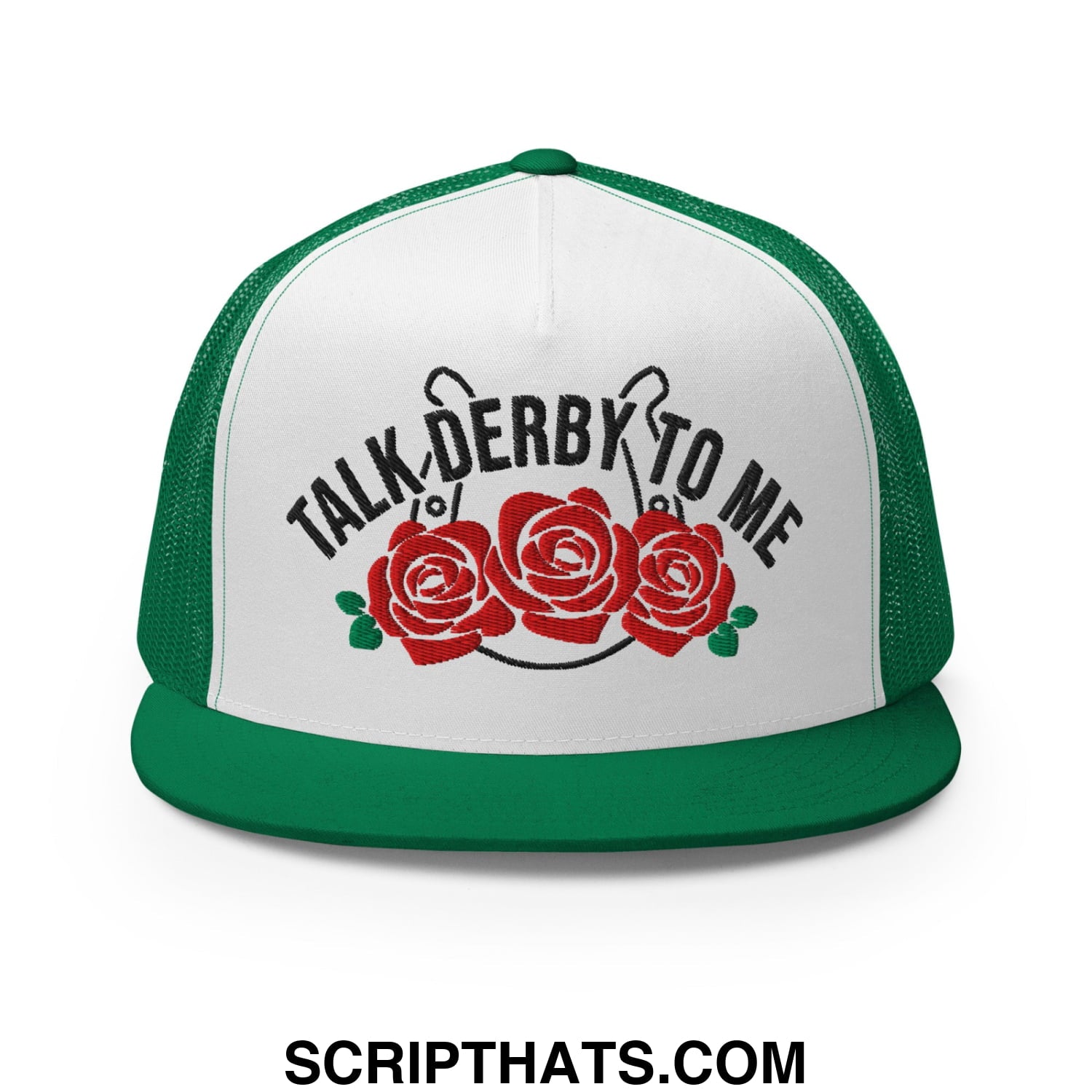 Talk Derby to Me Embroidered Flat Brim Bill Mesh Trucker Hat Kelly White Kelly