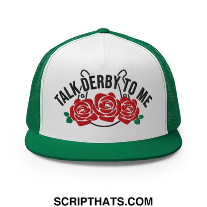 Talk Derby to Me Embroidered Flat Brim Bill Mesh Trucker Hat Kelly White Kelly