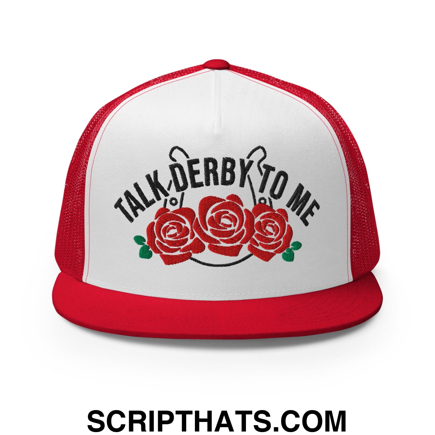 Talk Derby to Me Embroidered Flat Brim Bill Mesh Trucker Hat Red White Red