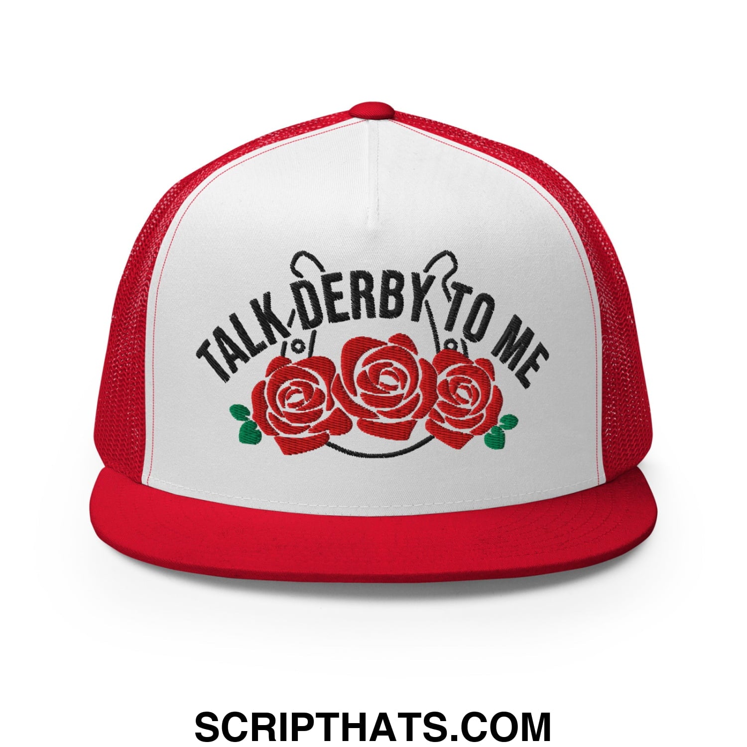Talk Derby to Me Embroidered Flat Brim Bill Mesh Trucker Hat Red White Red
