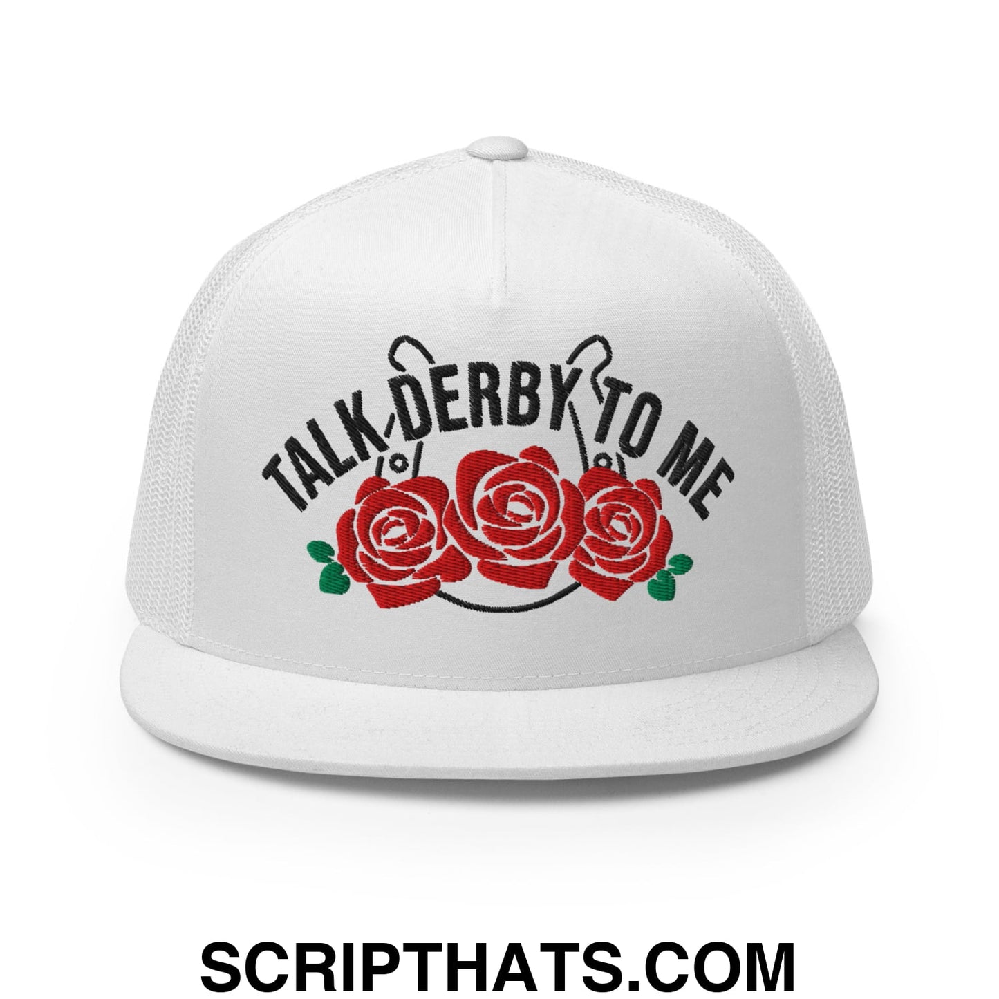 Talk Derby to Me Embroidered Flat Brim Bill Mesh Trucker Hat White