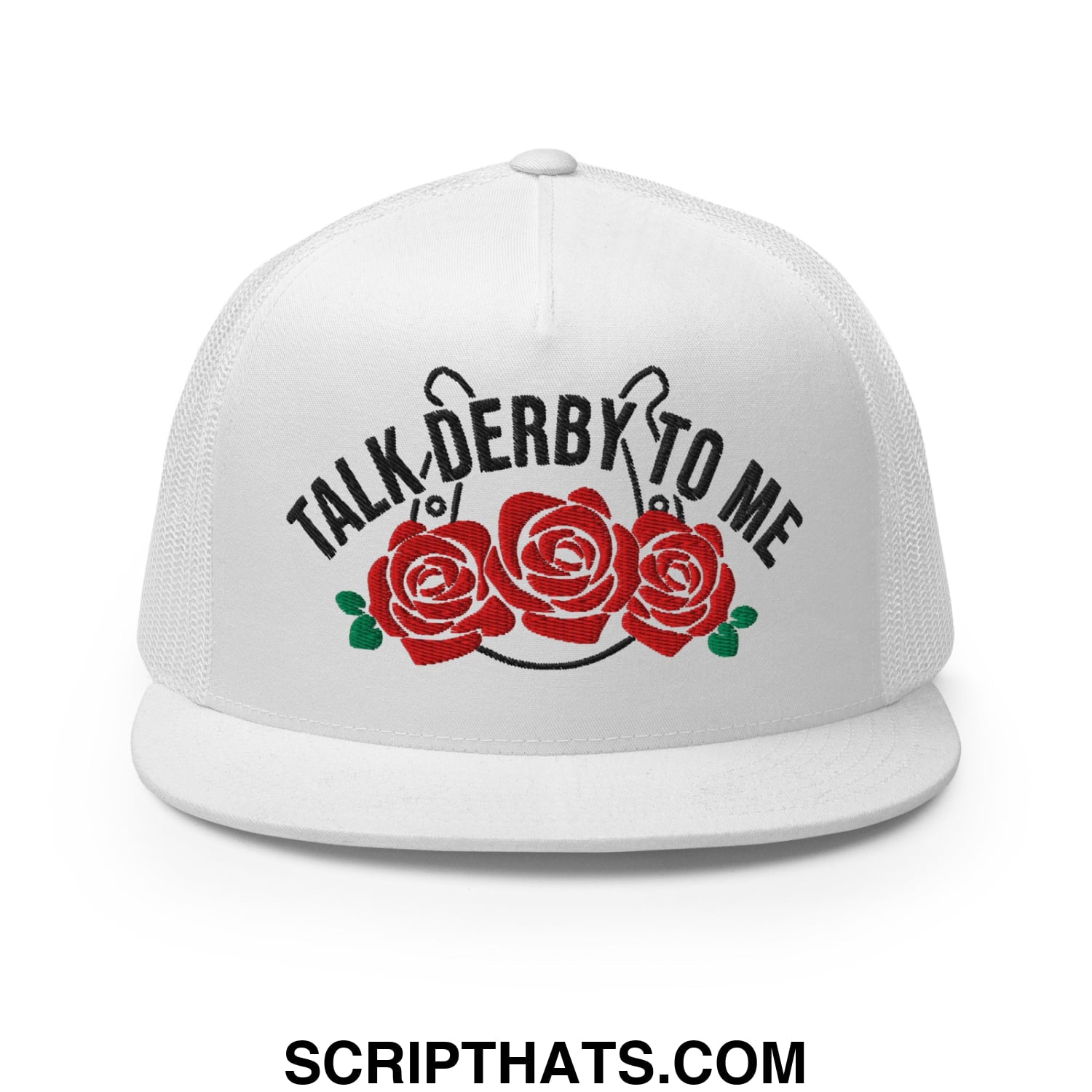 Talk Derby to Me Embroidered Flat Brim Bill Mesh Trucker Hat White