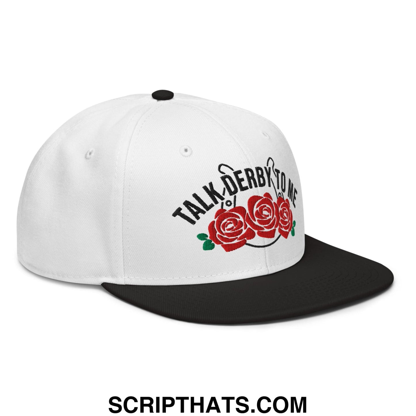 Talk Derby to Me Embroidered Flat Brim Bill Snapback Hat Black White White