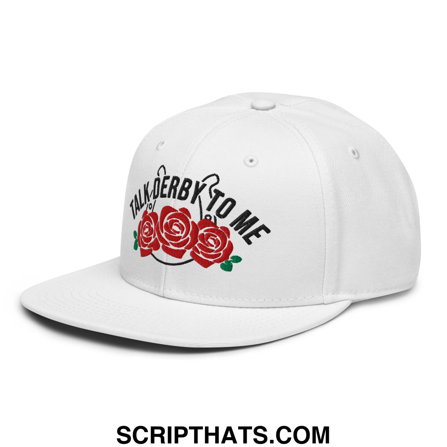 Talk Derby to Me Embroidered Flat Brim Bill Snapback Hat White