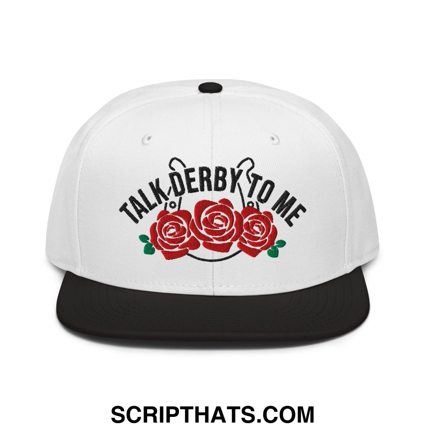 Talk Derby to Me Embroidered Flat Brim Bill Snapback Hat Black White White