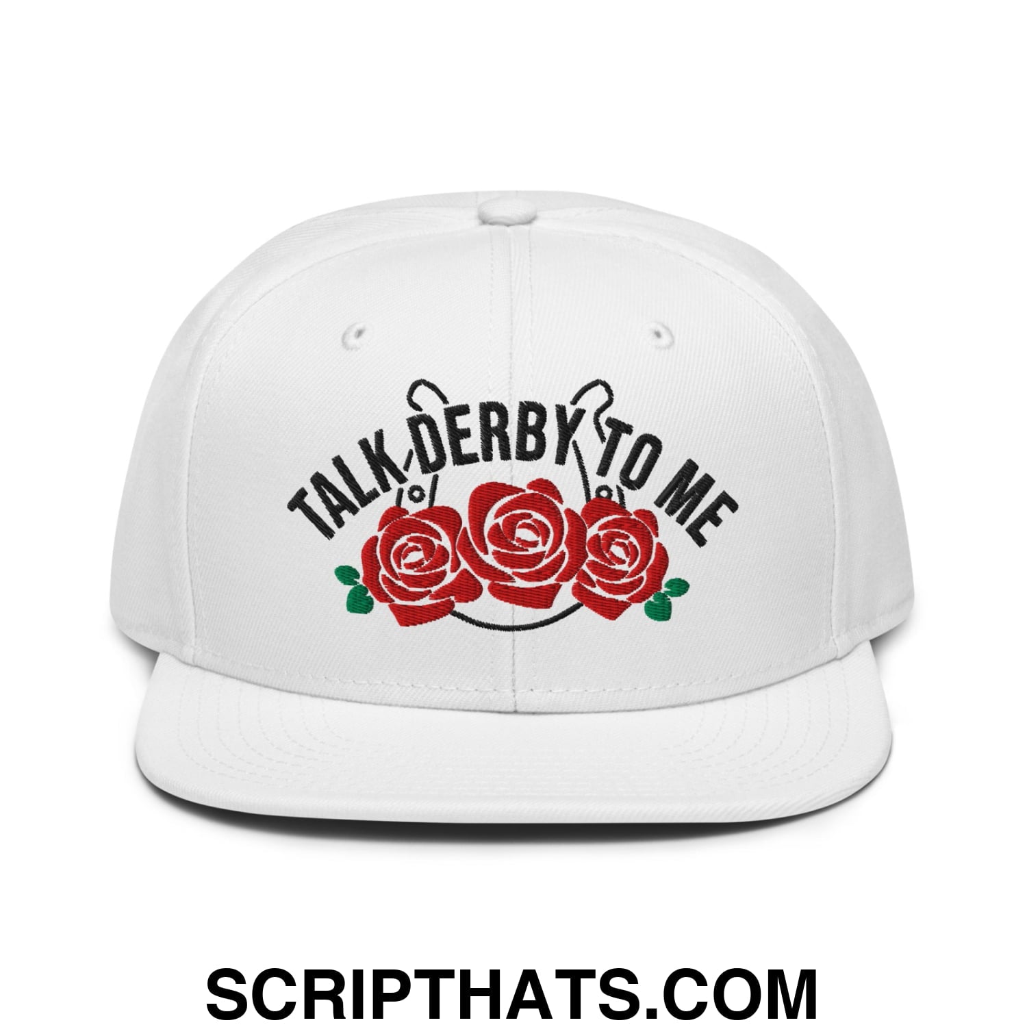 Talk Derby to Me Embroidered Flat Brim Bill Snapback Hat White