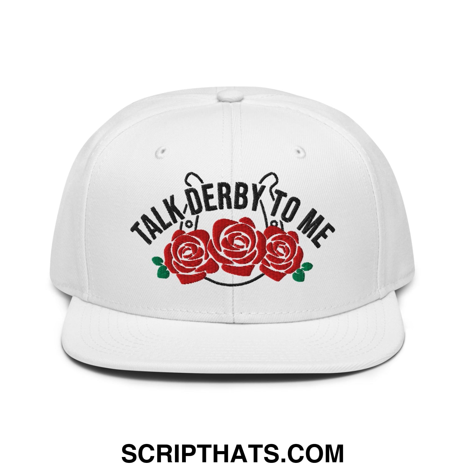 Talk Derby to Me Embroidered Flat Brim Bill Snapback Hat White
