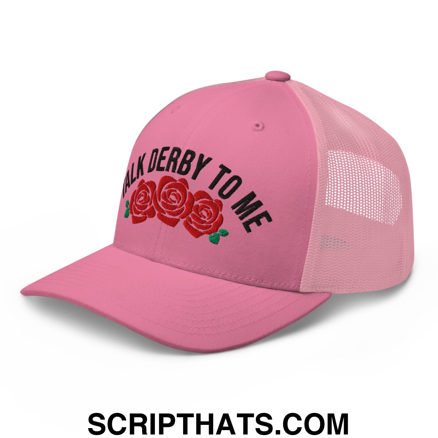 Talk Derby to Me Embroidered Mesh Trucker Hat Pink