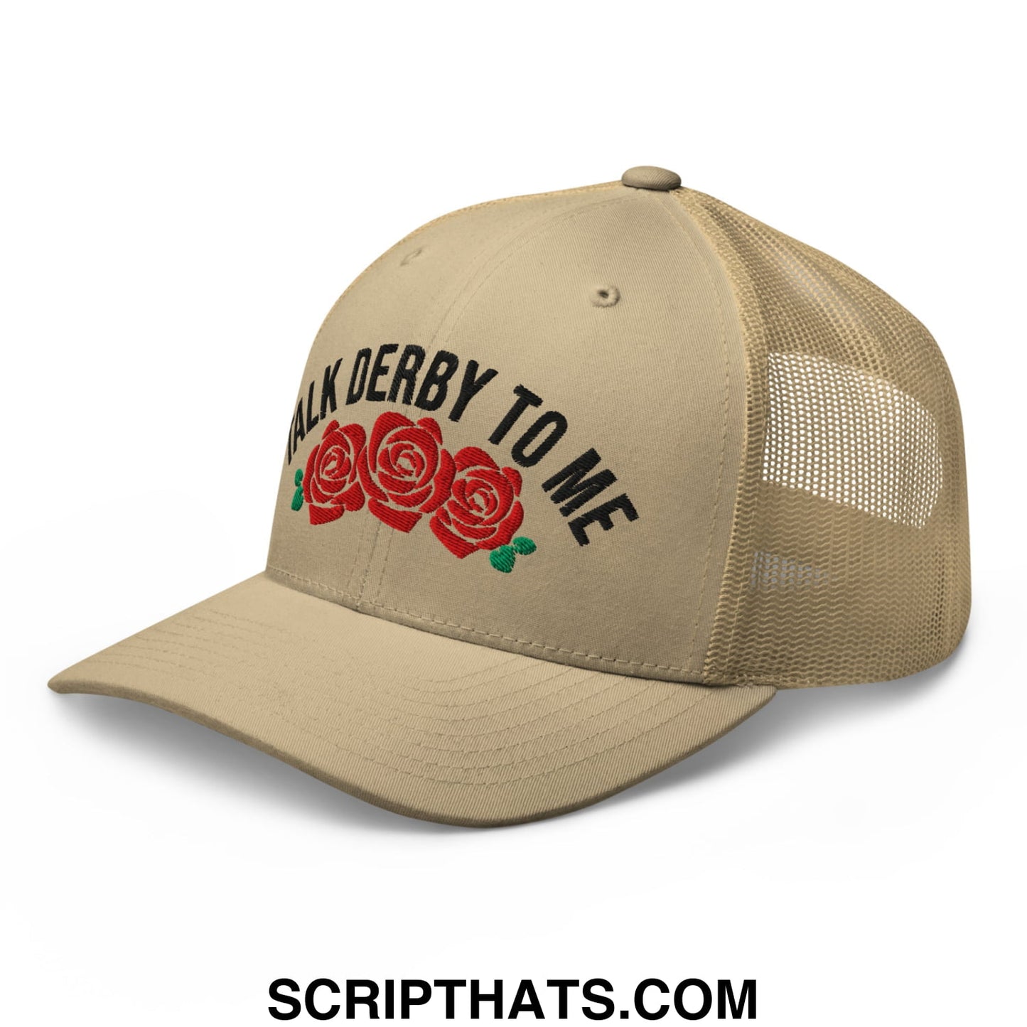Talk Derby to Me Embroidered Mesh Trucker Hat Khaki
