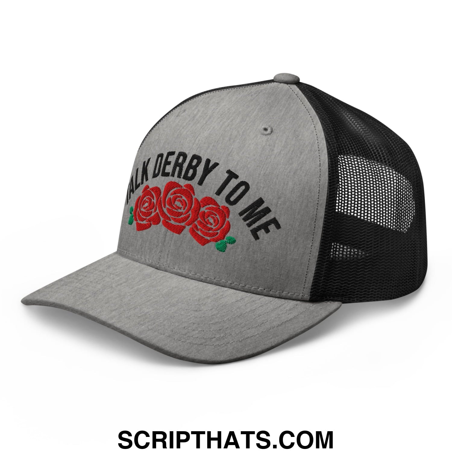 Talk Derby to Me Embroidered Mesh Trucker Hat Heather Black