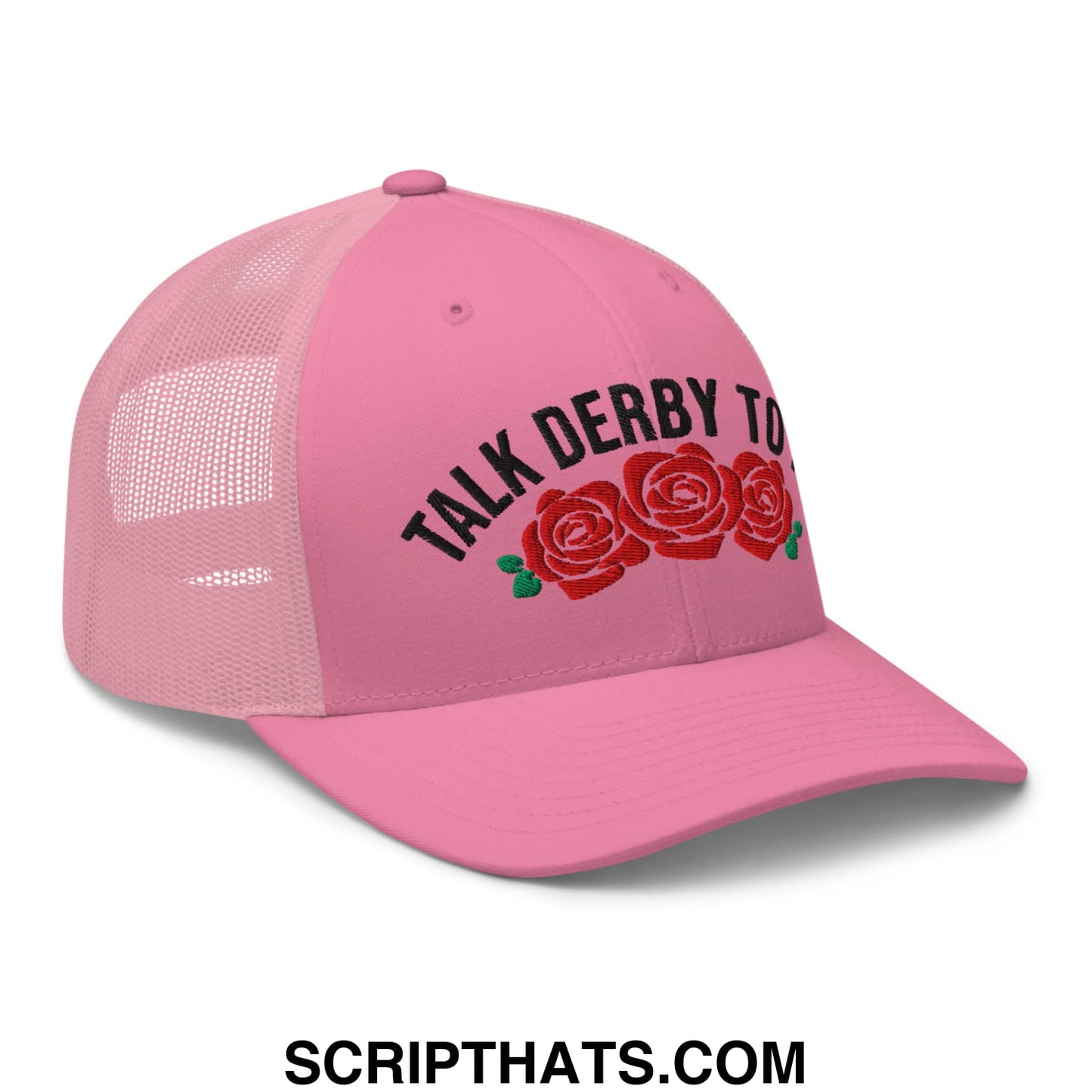 Talk Derby to Me Embroidered Mesh Trucker Hat Pink