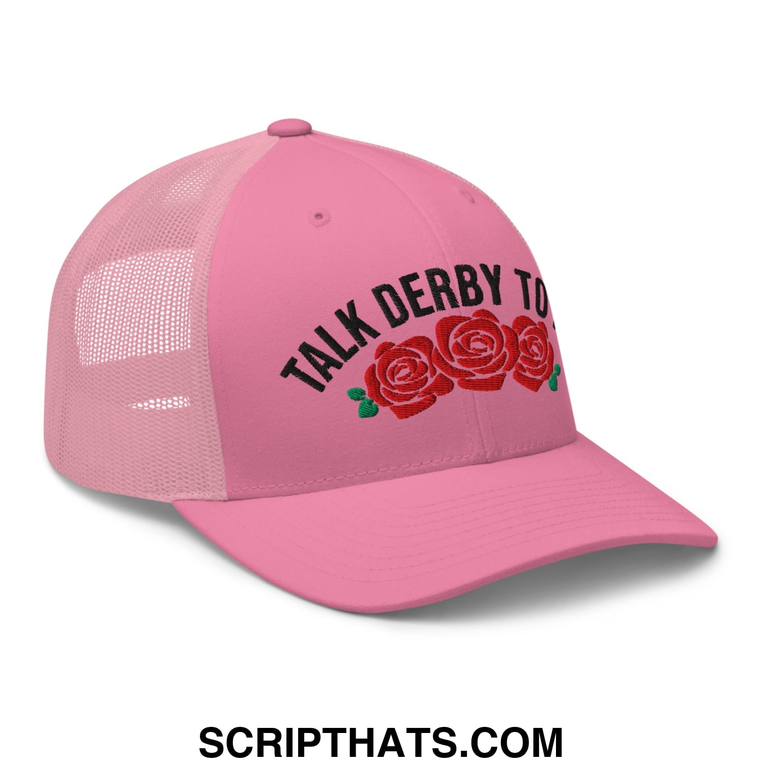 Talk Derby to Me Embroidered Mesh Trucker Hat Pink