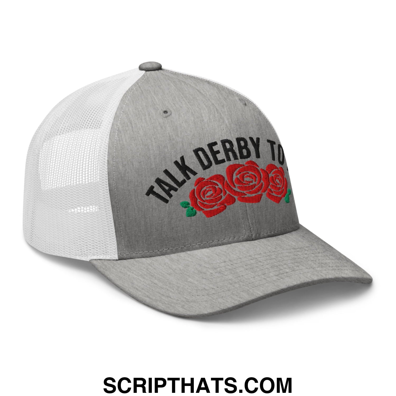 Talk Derby to Me Embroidered Mesh Trucker Hat Heather Grey White