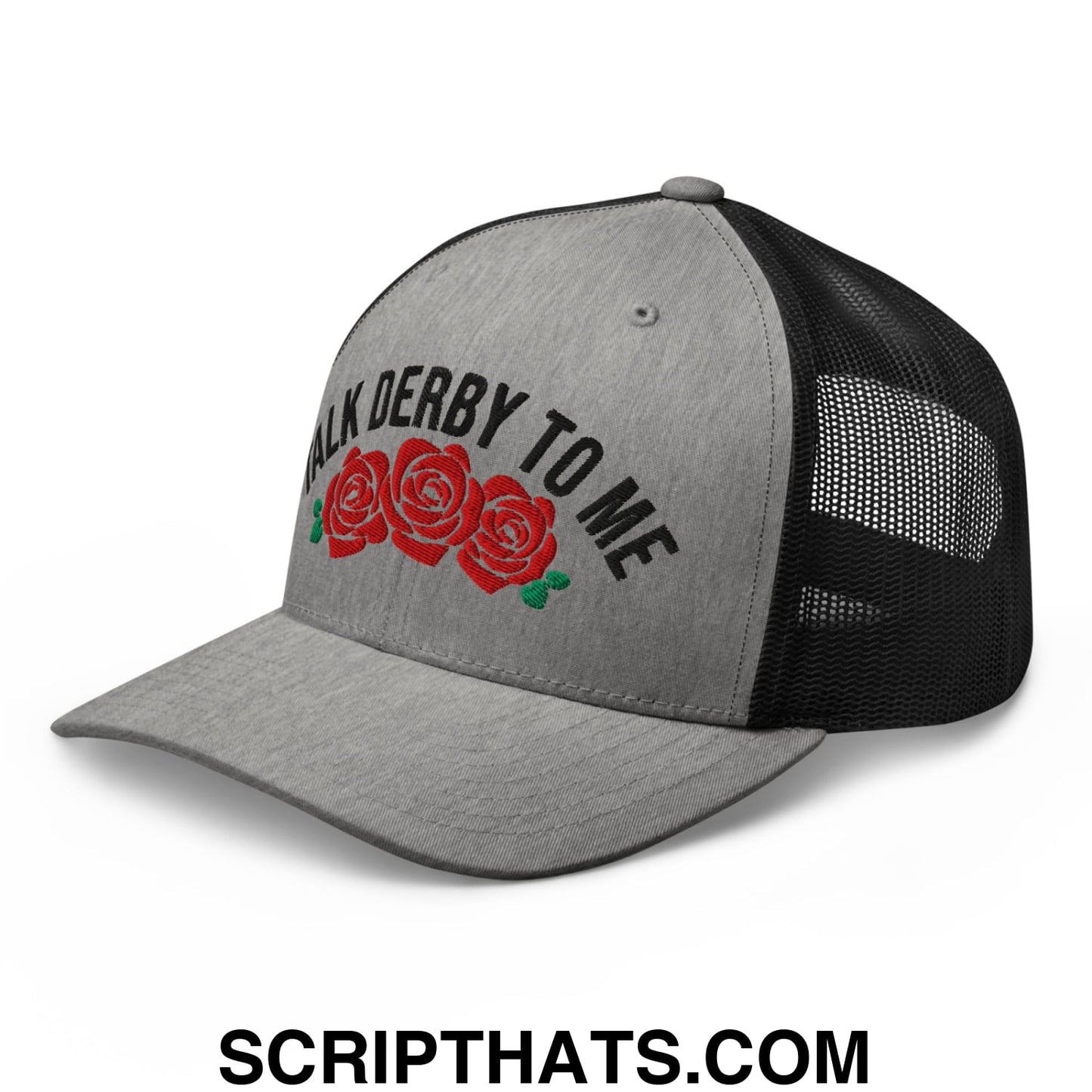 Talk Derby to Me Embroidered Mesh Trucker Hat Heather Black