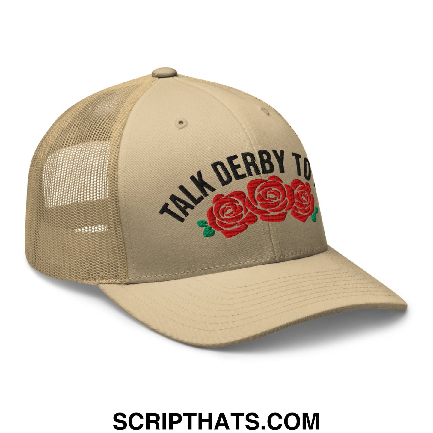 Talk Derby to Me Embroidered Mesh Trucker Hat Khaki