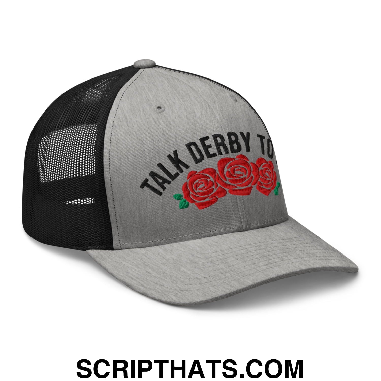 Talk Derby to Me Embroidered Mesh Trucker Hat Heather Black