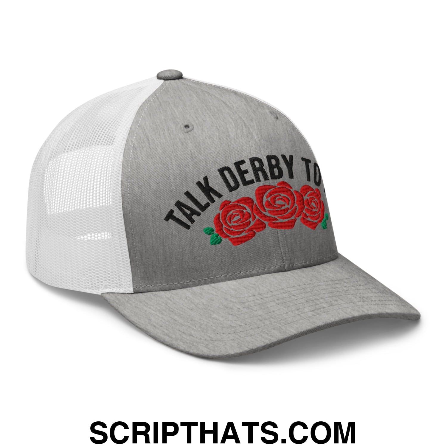 Talk Derby to Me Embroidered Mesh Trucker Hat Heather Grey White