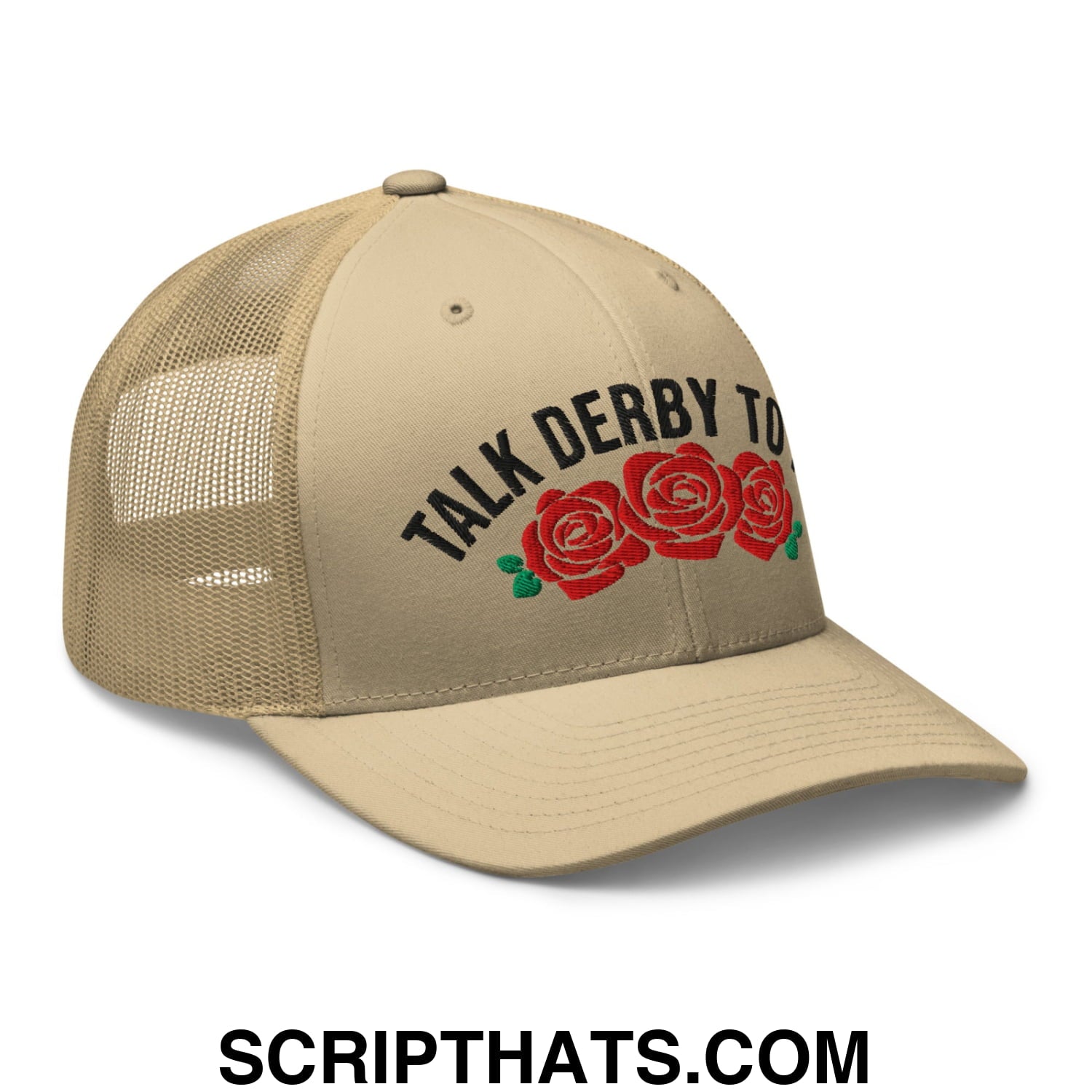 Talk Derby to Me Embroidered Mesh Trucker Hat Khaki